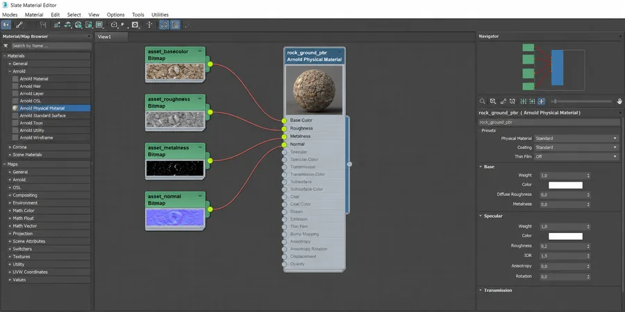 Slate Material Editor Arnold node bağlantı ekran kesiti 3ds Max Slate Material Editor Arnold Physical Material base color roughness metalness normal düğüm bağlantıları