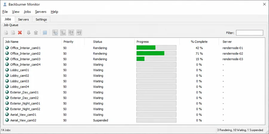 Backburner Monitor render kuyruğu pencere işler durumlar ve yüzdesel ilerleme listesi