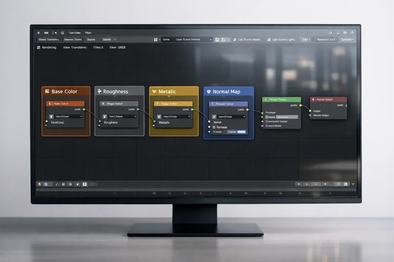 Doku setini Node Editor içinde düzenli bağlamak Node Editor içinde roughness, metalness ve normal haritaların Non-Color ayarıyla gruplanmış bir doku seti akışı
