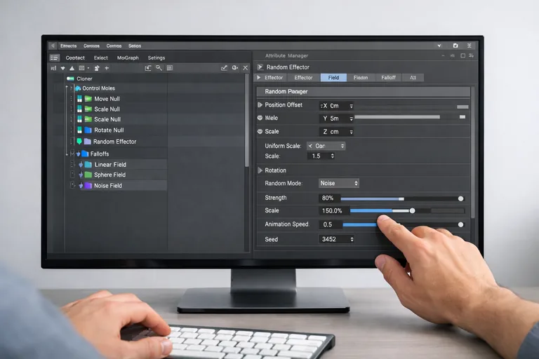 Effector ve Field katmanlarını düzenli yönetme Effector ve Field katmanlarını okunur isimlerle düzenleyen, kontrol null’ları ayrıştırılmış Cinema 4D proje yapısı