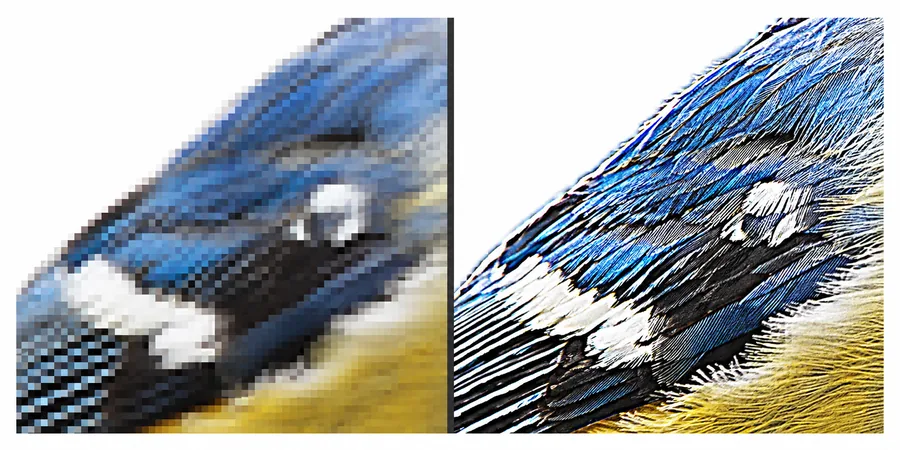 Pikselleşme ve oversharpening artefakt karşılaştırması Pikselleşmiş zoom kesiti ve aşırı keskinleştirilmiş haloed kenar artefakt yan yana before after karşılaştırması