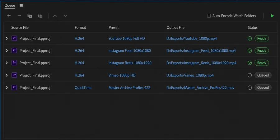 Adobe Media Encoder Queue Vimeo YouTube Instagram preset satırları H.264 mp4 hedef profil