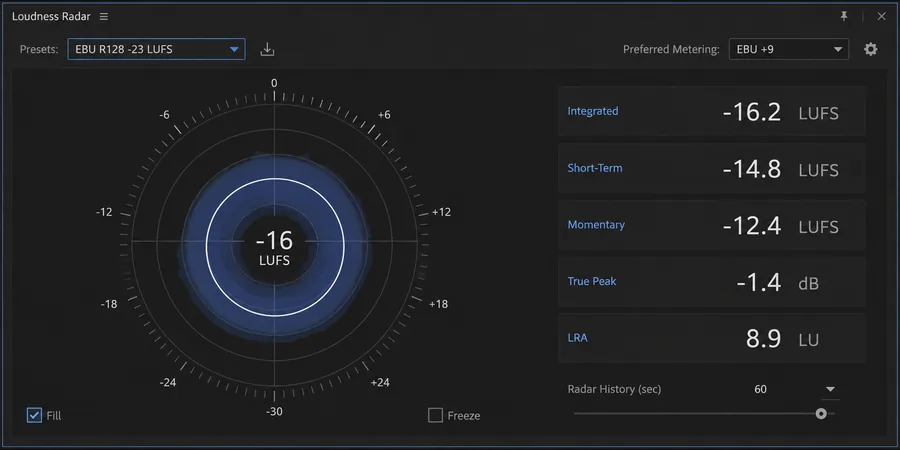 Loudness Radar metre Integrated LUFS hedef değerleri Premiere Pro Loudness Radar metre Integrated -16 LUFS True Peak -1.5 dB LRA 9 hedef değerleri