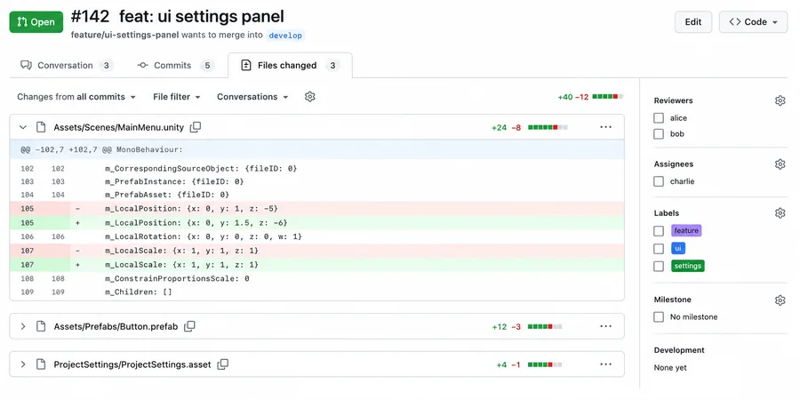 Pull Request Files changed Unity sahne prefab diff GitHub Pull Request sayfası Files changed sekmesi unity scene prefab YAML diff blokları