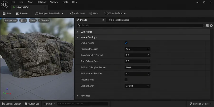 Unreal Engine Static Mesh Editor Nanite Settings paneli Enable Nanite checkbox ve fallback değerler