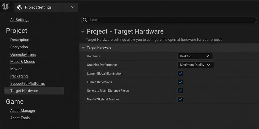 Unreal Project Settings Target Hardware paneli Maximum Quality ile Lumen Nanite kutuları işaretli performans bütçesi ekranı