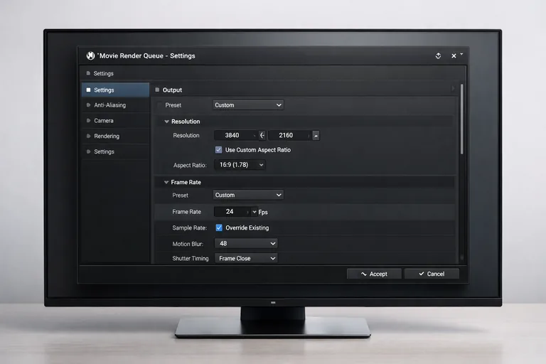 Render ayar paneli yapılandırması Movie Render Queue panelinde çözünürlük ve kare hızı ayarlarının yapılandırılması