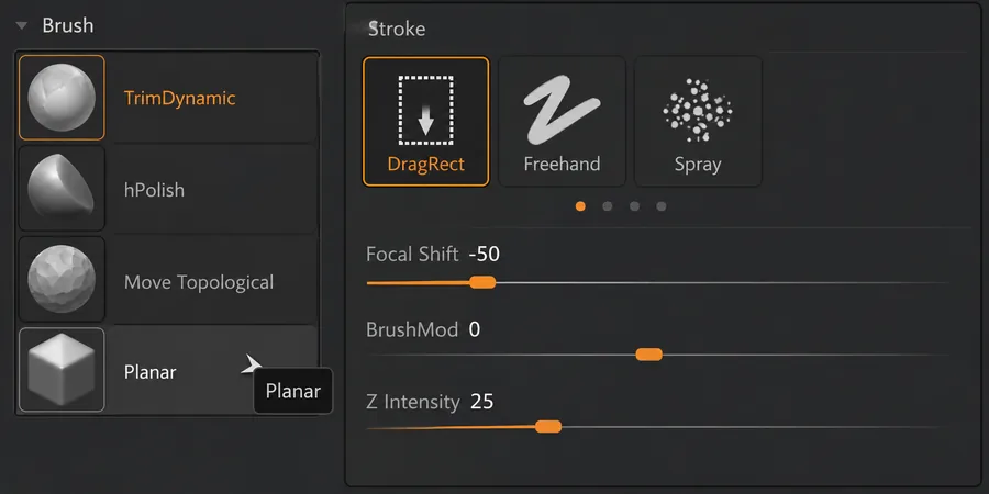 ZBrush Brush palette TrimDynamic hPolish Move Topological aktif fırça satırları yanında Stroke Falloff ve Focal Shift slider değerleri
